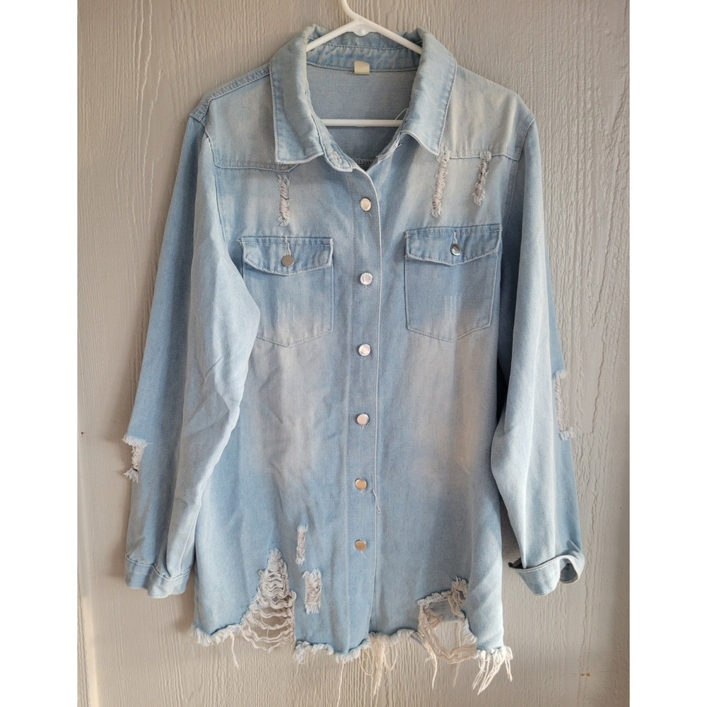 Women's Light-wash Chic denim Jacket Frayed Hem Distressed Detailing 3XL